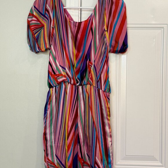 Line & Dot Multicolor Puff Sleeve Silk Mini Dress | Size S - Picture 8 of 11